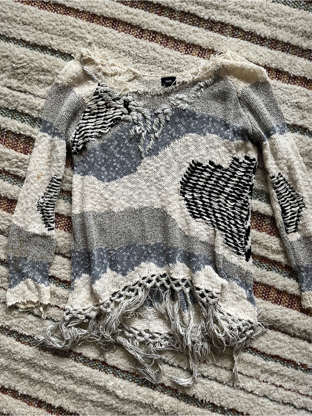 Fate Off-the-Shoulder Distressed Striped Sweater in Cream & Gray